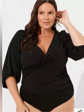 torrid Black Draped V-Neck Bodysuit with Ruched Sleeves